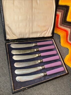 Art Deco Charm: Vintage EPNS Lavender Tea Knife Set in Original Case